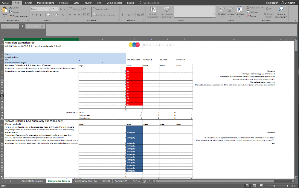 Reporte de accesibilidad realizado por un experto en formato excel